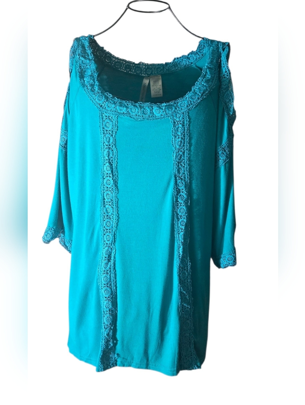 Women’s Turquoise Cold-Shoulder Lace Trim Top Size XL